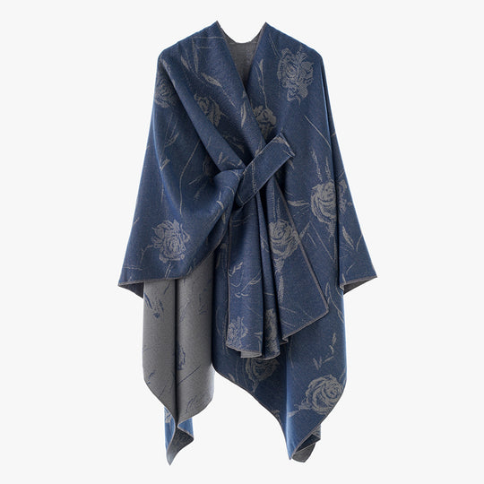 Damen Beidseitig tragbarer Jacquard-Überwurf mit Rosenmuster und Bindegürtel Shop Nory