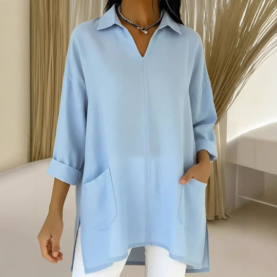 Damen Oversize-Tunika mit Hemdkragen, V-Ausschnitt und aufgesetzten Taschen Shop Nory