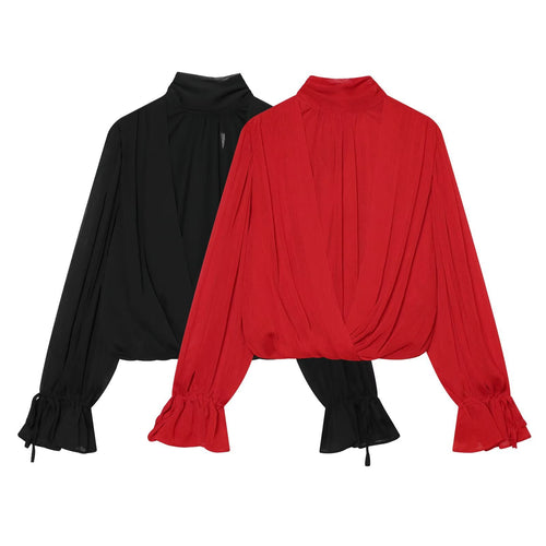 Damen Chiffon-Bluse mit Schluppe, Stehkragen und gerafften Ballonärmeln Shop Nory