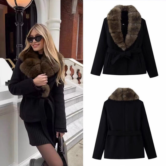 Damen Kurzer Wollmix-Mantel mit abnehmbarem Faux-Fur-Schalkragen und Taillengürtel Shop Nory
