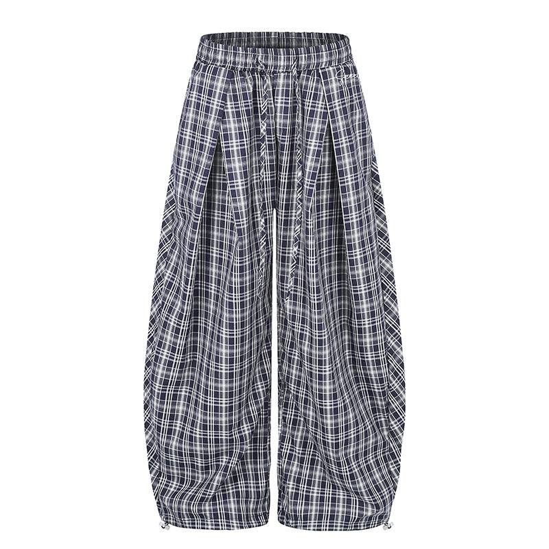 Damen Weite Harem-Ballonhose mit elastischem Bund, Kordelzug und Karomuster Shop Nory