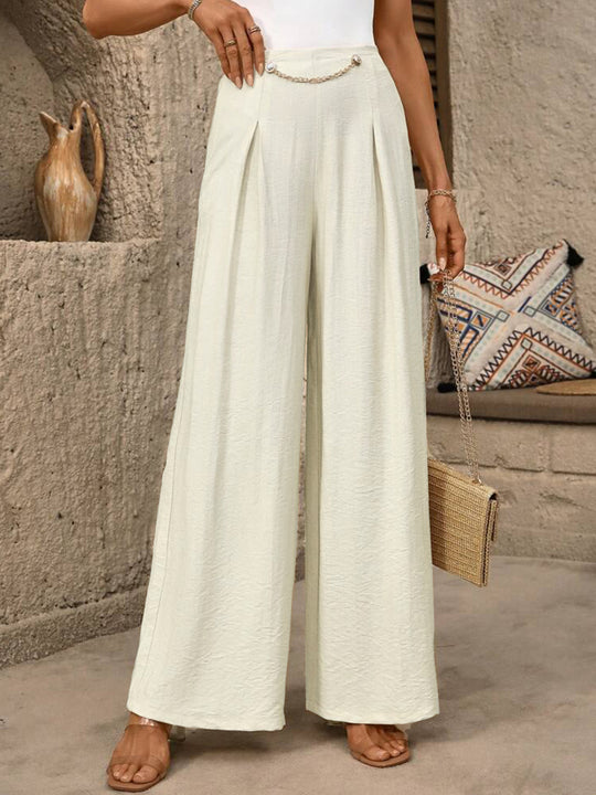 Damen High-Waist Palazzo-Hose mit weitem Bein, Bundfalten und Zierkettendetail Shop Nory