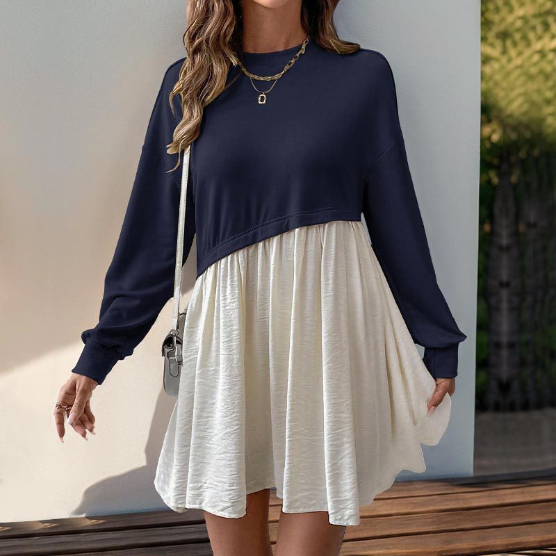 Damen Lässiges Sweatshirt-Babydoll-Kleid mit asymmetrischer Taillennaht und weiter Stufenrock Shop Nory