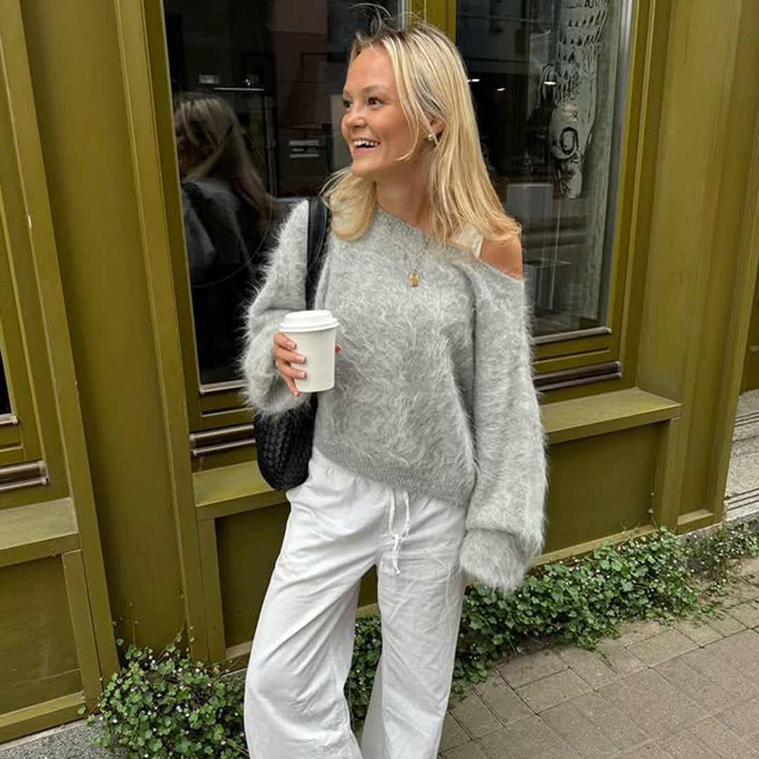 Damen nan oversized flauschiger Mohair-Blend Off-Shoulder Pullover mit Balloon-Ärmeln Shop Nory