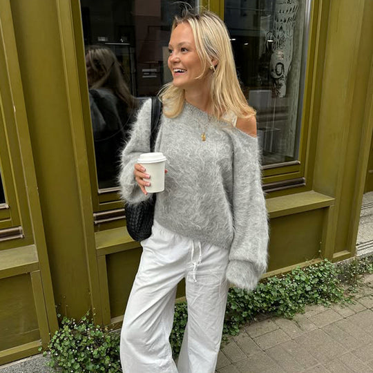 Damen nan oversized flauschiger Mohair-Blend Off-Shoulder Pullover mit Balloon-Ärmeln Shop Nory