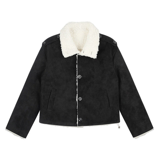 Damen Kurzgeschnittene Lammfell‑Optik Fliegerjacke mit Teddyfutter und Reverskragen Shop Nory