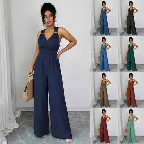 Damen Jumpsuit mit weitem Bein, tailliertem Wickelband und Ösen-Trägern Shop Nory