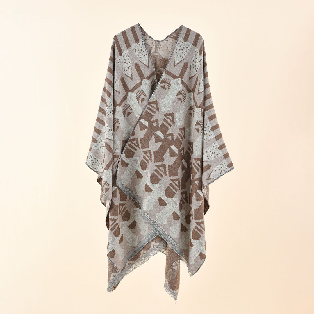 Damen Strick-Überwurfcape im Ruana-Stil mit grafischem Jacquard und Fransensaum Shop Nory