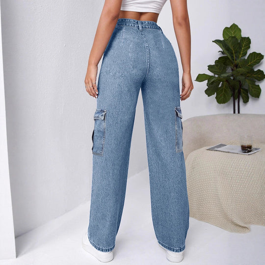 Damen Hochtaillierte Cargo-Weite-Jeans mit aufgesetzten Taschen und elastischem Saum Shop Nory