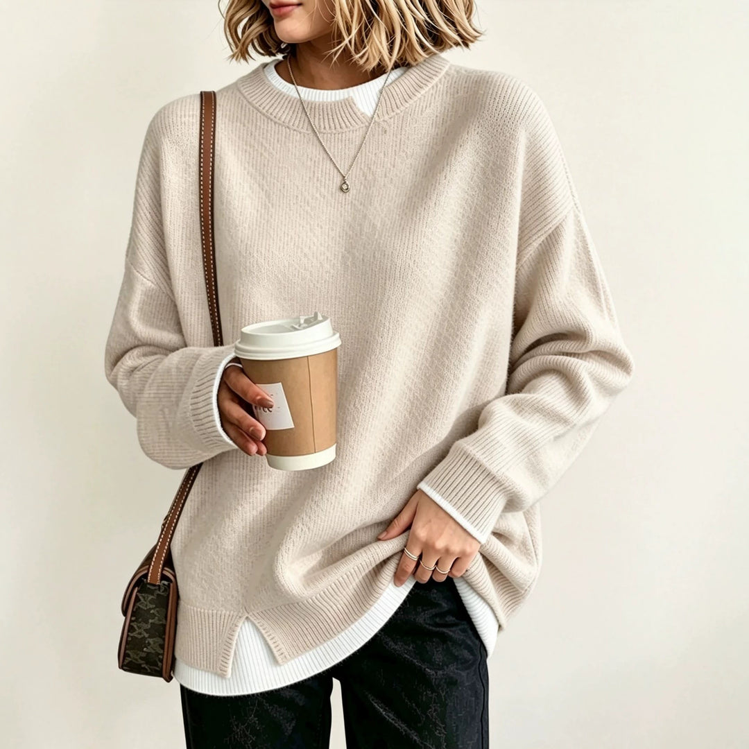 Damen Oversize Rundhals-Feinstrickpullover mit überschnittenen Schultern und Seitenschlitzen Shop Nory