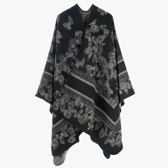 Damen Schmetterlings-Jacquard-Ruana aus Wollmix mit geschwungenem Saum Shop Nory