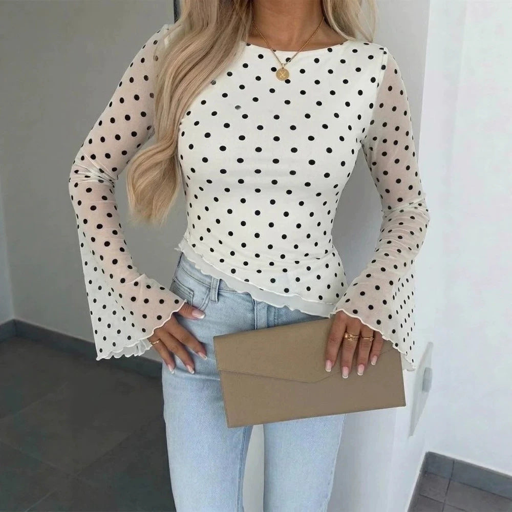 Damen Transparente Mesh-Polka‑Dot-Bluse mit taillierter Passform und Glockenärmeln Shop Nory