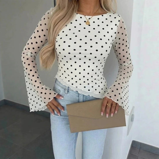 Damen Transparente Mesh-Polka‑Dot-Bluse mit taillierter Passform und Glockenärmeln Shop Nory