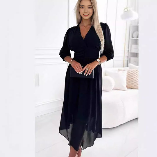 Damen Chiffon Maxi Kleid mit V-Ausschnitt, Rüschengesäß und 3/4 Ärmeln Shop Nory