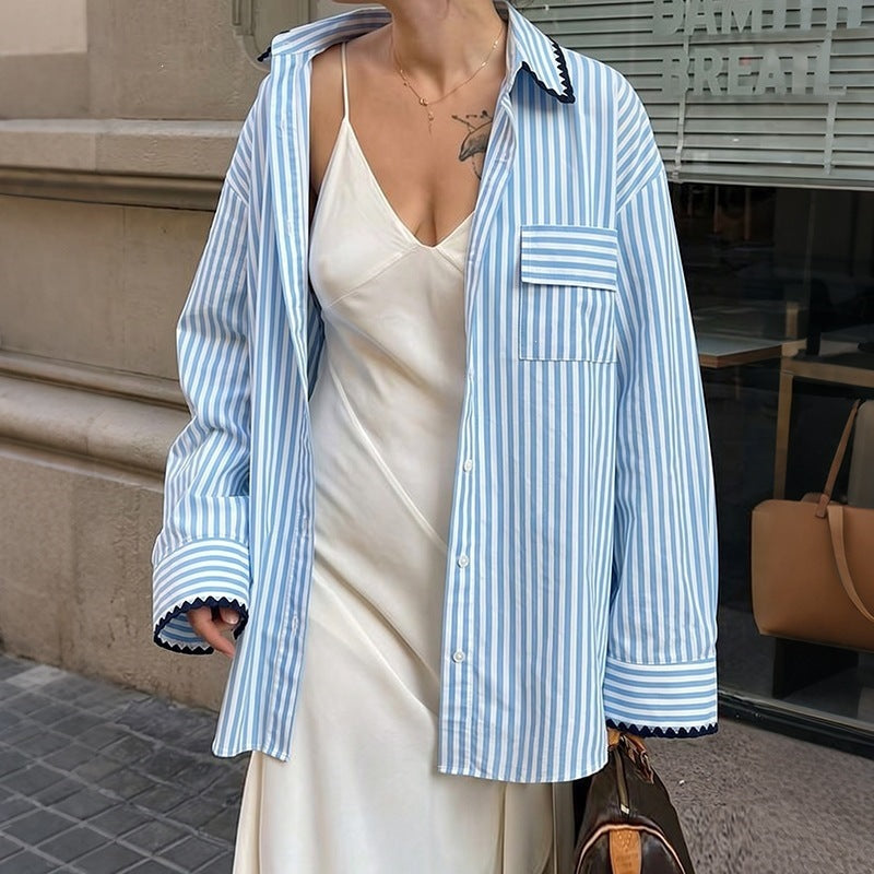 Damen Oversize-Hemdbluse mit feinen Streifen, Brusttasche und Zierborte Shop Nory