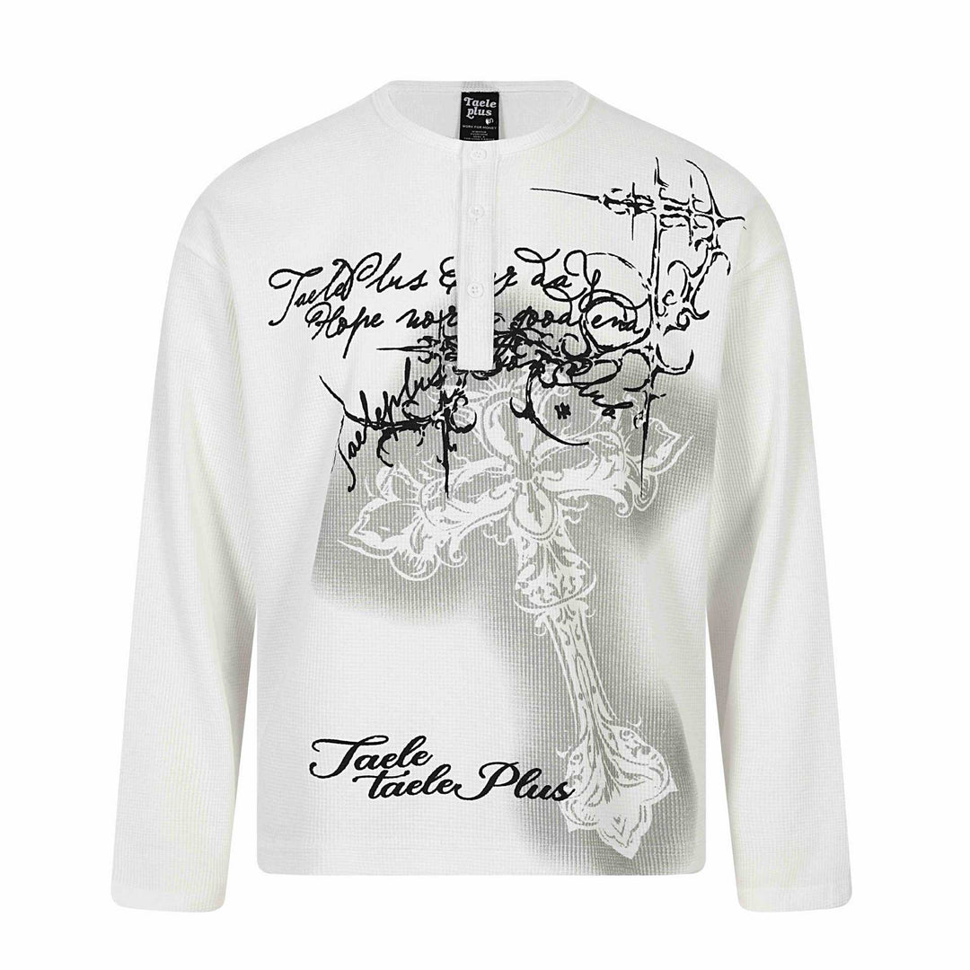 Herren Langarm-Henleyshirt mit Waffelstruktur, Knopfleiste und großflächigem Grafikprint Shop Nory