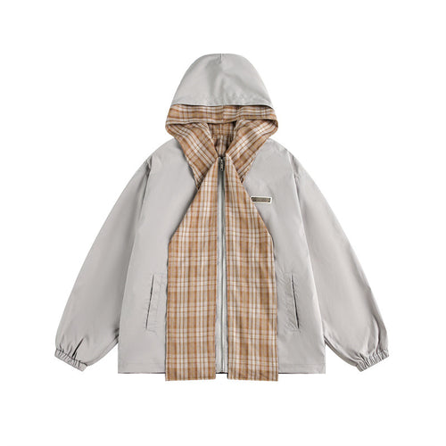 Unisex Zweilagige Kapuzenjacke mit karierter Innenblende und elastischen Bündchen Shop Nory