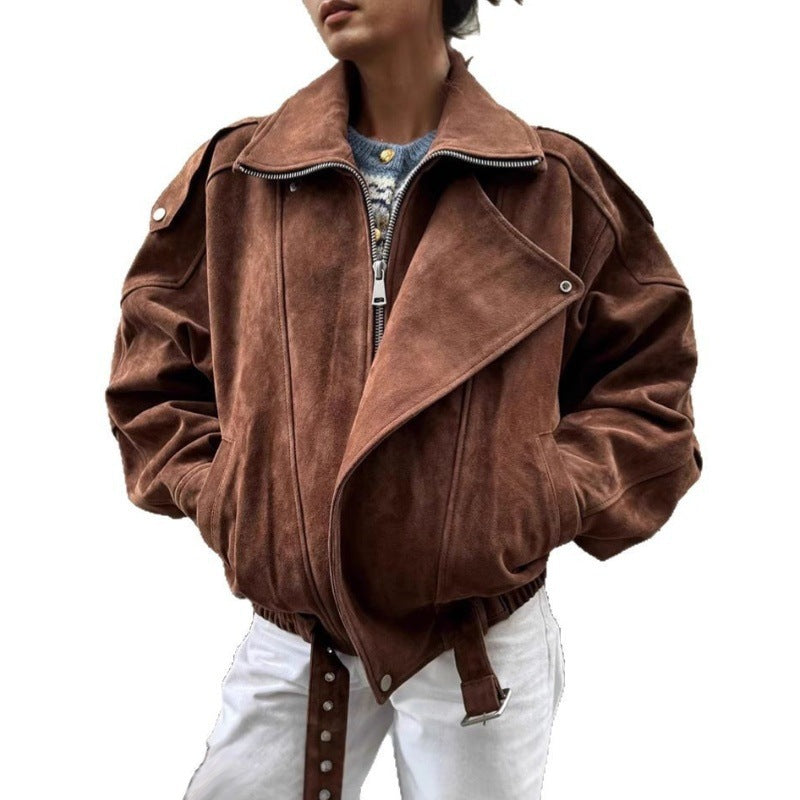 Damen lässige Wildlederjacke im Oversized-Stil mit Taillengürtel