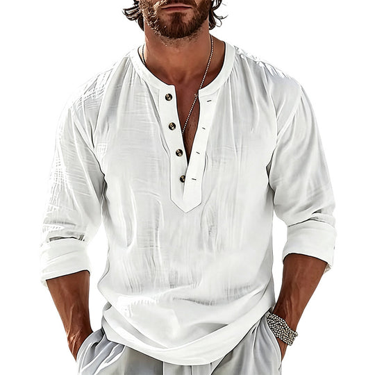 Herren Leichtes Leinen-Henley-Langarmshirt mit Mandarin-Kragen Shop Nory
