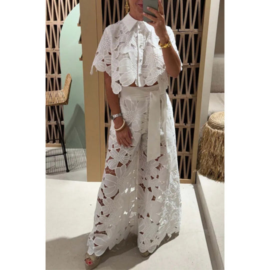 Damen Zweiteiliges Spitzen-Set mit Blumenstickerei und Palazzohose Shop Nory
