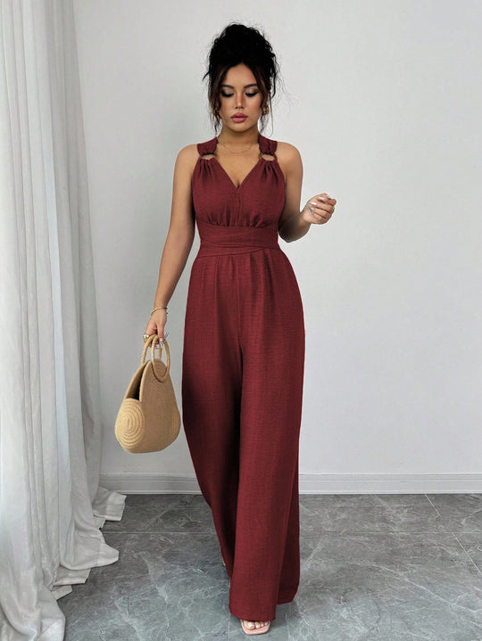 Damen Jumpsuit mit weitem Bein, tailliertem Wickelband und Ösen-Trägern Shop Nory