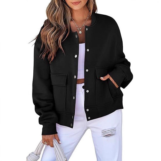 Damen Oversized Bomberjacke aus French Terry mit Druckknopf und aufgesetzten Taschen Shop Nory
