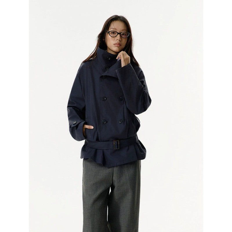 Damen Kurzjacke im Trenchstil mit doppeltreihiger Knopfleiste Taillengürtel und Stehkragen Shop Nory