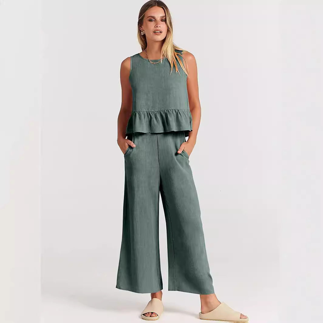 Damen Zweiteiler-Set mit schickem Peplum-Oberteil und weit geschnittenen Hosen