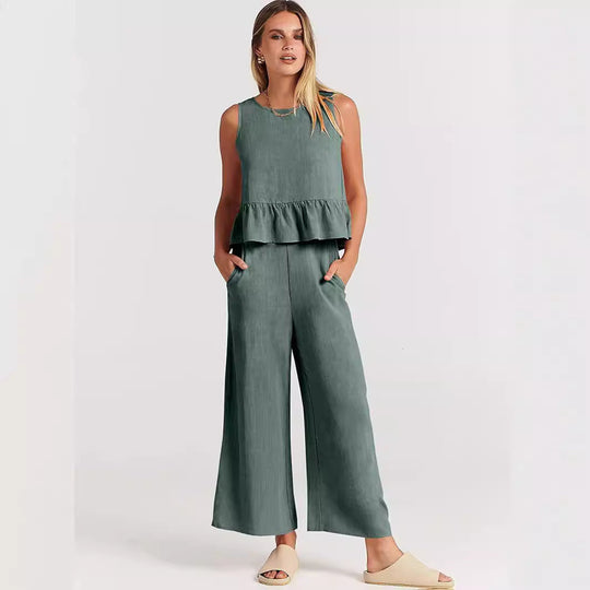 Damen Zweiteiler-Set mit schickem Peplum-Oberteil und weit geschnittenen Hosen