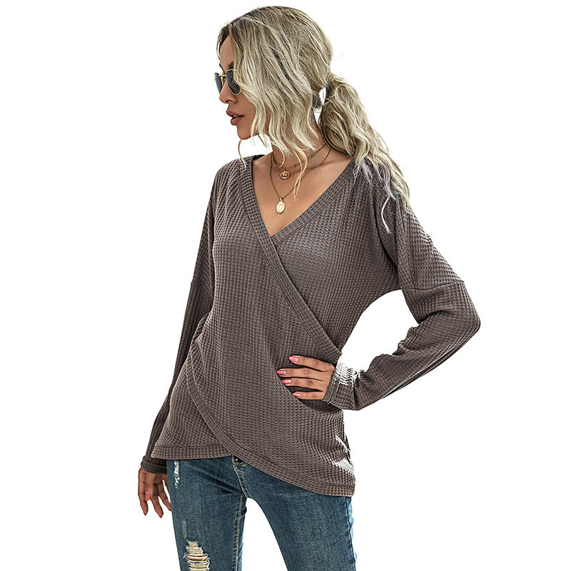 Damen Waffelstrick‑Wickelshirt mit V-Ausschnitt und langer Oversize-Ärmelpassform Shop Nory