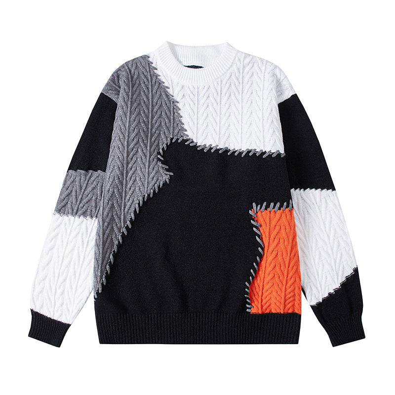 Herren strukturierter Patchwork-Strickpullover mit Zopfmuster und Rundhals Shop Nory
