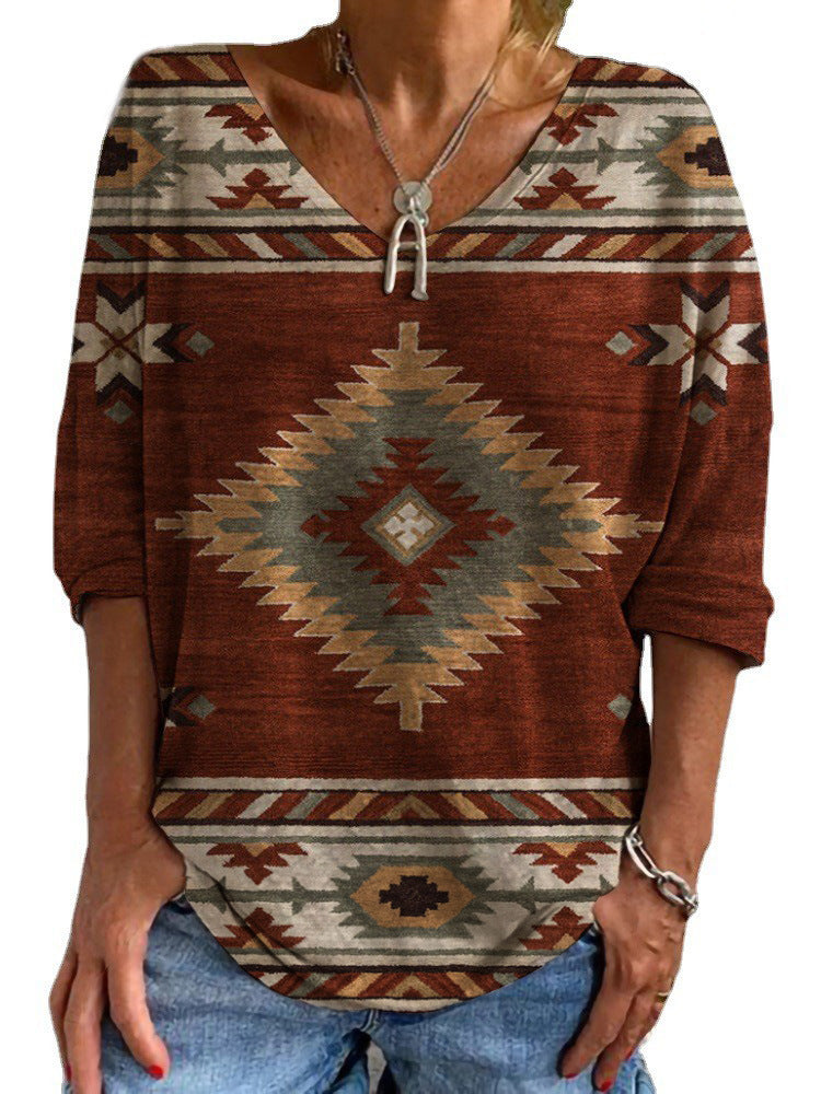 Damen Aztekisch gemustertes Oversize-Tunika-Top mit V-Ausschnitt und dreiviertel-Ärmeln Shop Nory