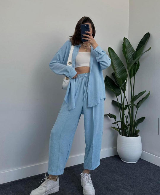 Damen Lässiges zweiteiliges Lounge-Set aus Crêpe mit Oversize-Hemd und hohem Elastikbund Shop Nory