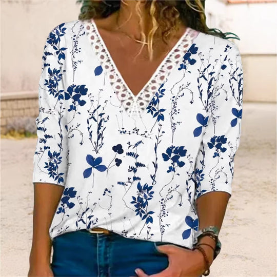 Damenbluse mit V-Ausschnitt und Spitzenbesatz, 3/4-Ärmel, Blumenmuster und lockerer Schnitt Shop Nory