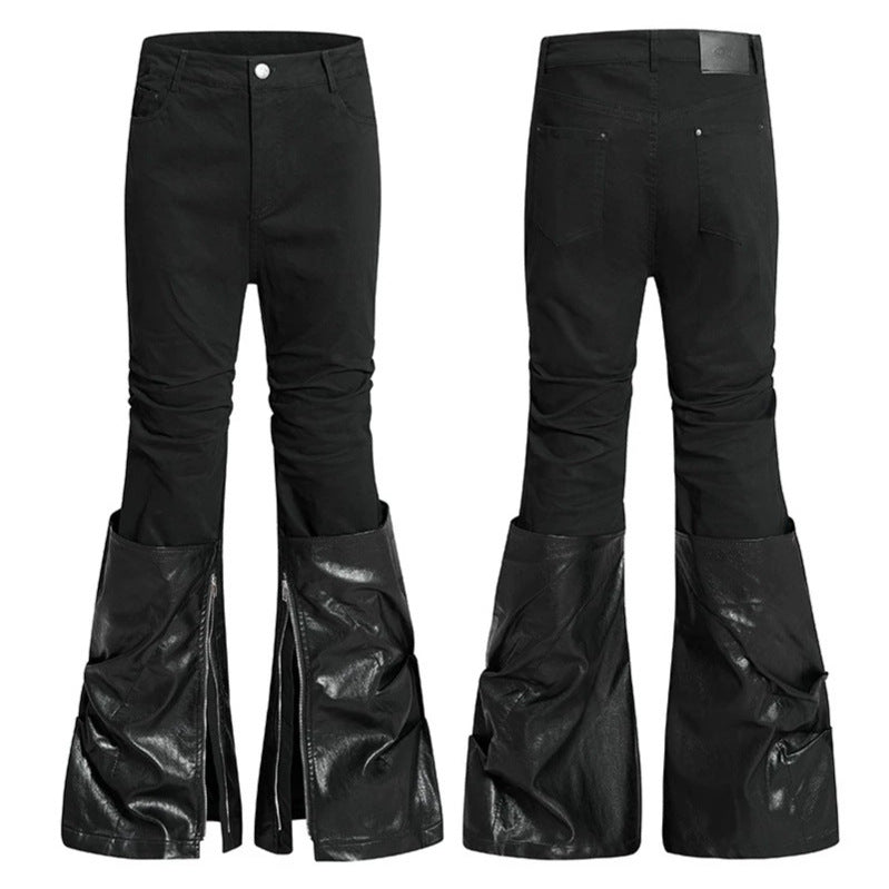 Damen High‑Waist Schlaghose mit abnehmbaren Kunstleder‑Unterschenkeln und Reißverschluss-Details Shop Nory