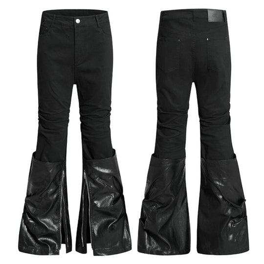 Damen High‑Waist Schlaghose mit abnehmbaren Kunstleder‑Unterschenkeln und Reißverschluss-Details Shop Nory