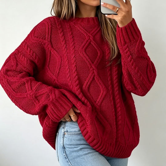 Damen Oversize Flechtstrick-Pullover mit Zopfmuster und Rundhals Shop Nory