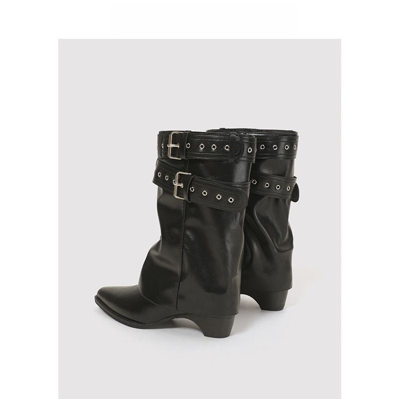 Damen Slouch-Stiefel mit spitzer Zehenpartie, Schnallenriemen und niedrigem Absatz Shop Nory