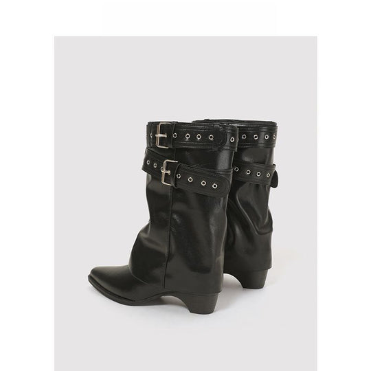 Damen Slouch-Stiefel mit spitzer Zehenpartie, Schnallenriemen und niedrigem Absatz Shop Nory