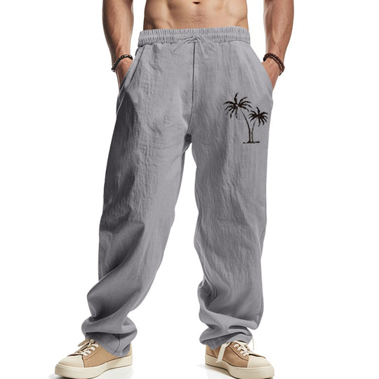 Herren Leichte Leinenoptik-Freizeithose mit elastischem Bund, Kordelzug & Palmen‑Stickerei Shop Nory