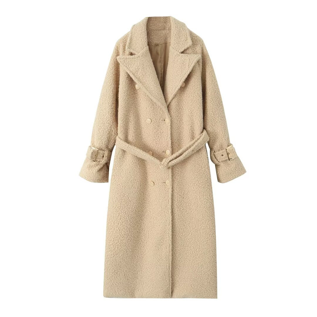 Damen Zweireihiger Teddy‑Mantel mit Bindegürtel und Schnallenärmeln Shop Nory