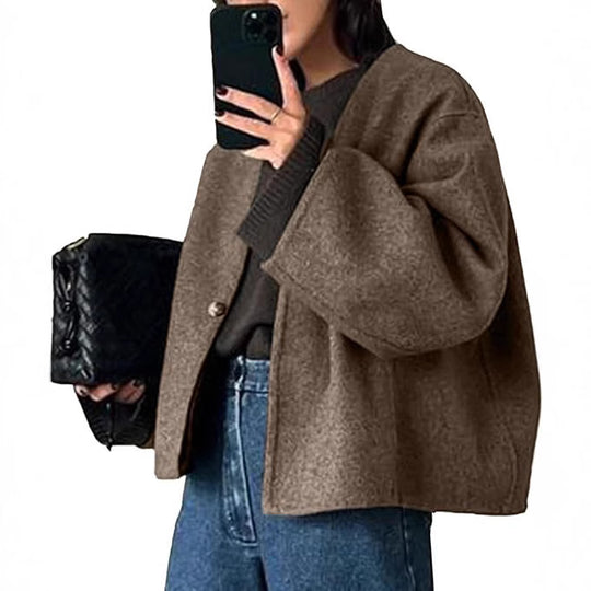 Damen Kurz geschnittene Oversize Wolljacke mit kastigem Schnitt und Ein-Knopf-Verschluss Shop Nory
