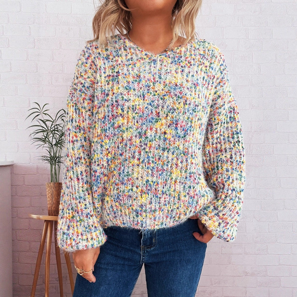 Damen komfortabler Strickpullover mit buntem Strukturmuster und weit geschnittenen Ärmeln