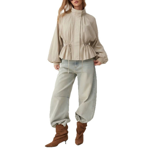Damen Taillierte Übergangsjacke mit Tunnelzug, Stehkragen und Ballonärmeln Shop Nory