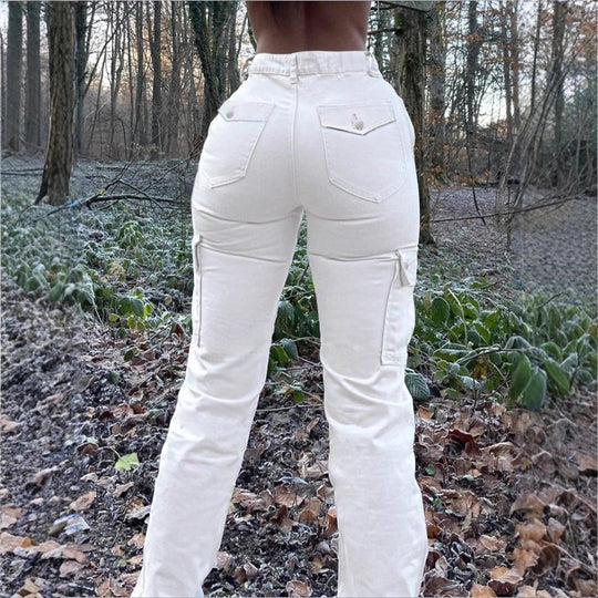Damen taillenhoch geschnittene Cargo-Jeans mit ausgestelltem Schlag und funktionalen Pattentaschen Shop Nory