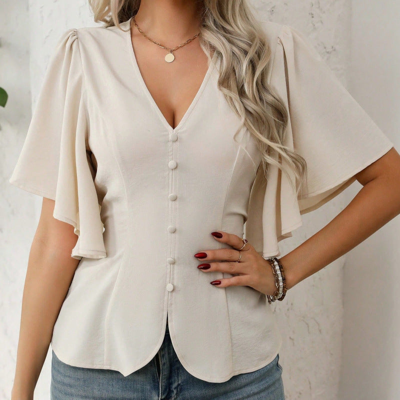 Damen Bluse mit fließenden Ärmeln und V-Ausschnitt
