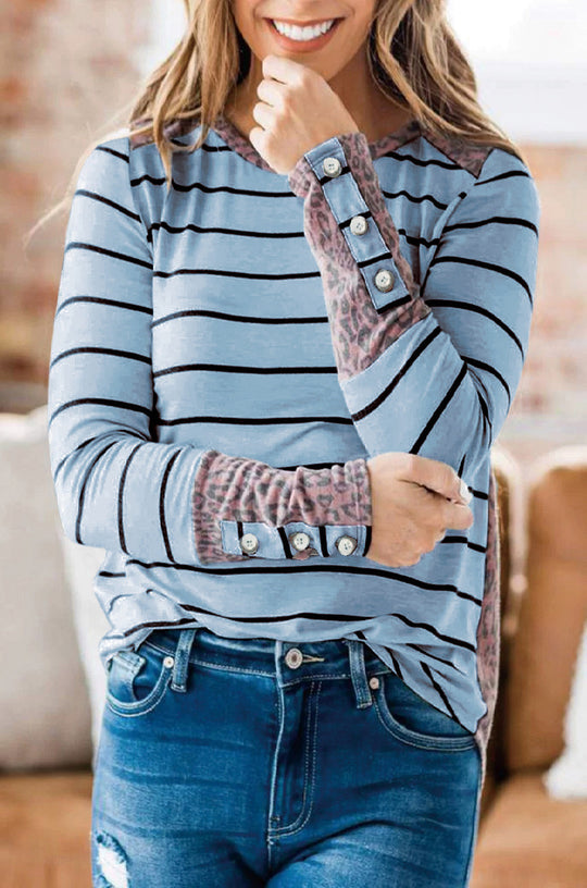 Damen Lässiges Streifen‑Langarmshirt mit Knopfmanschetten und Leo‑Kontrast Shop Nory