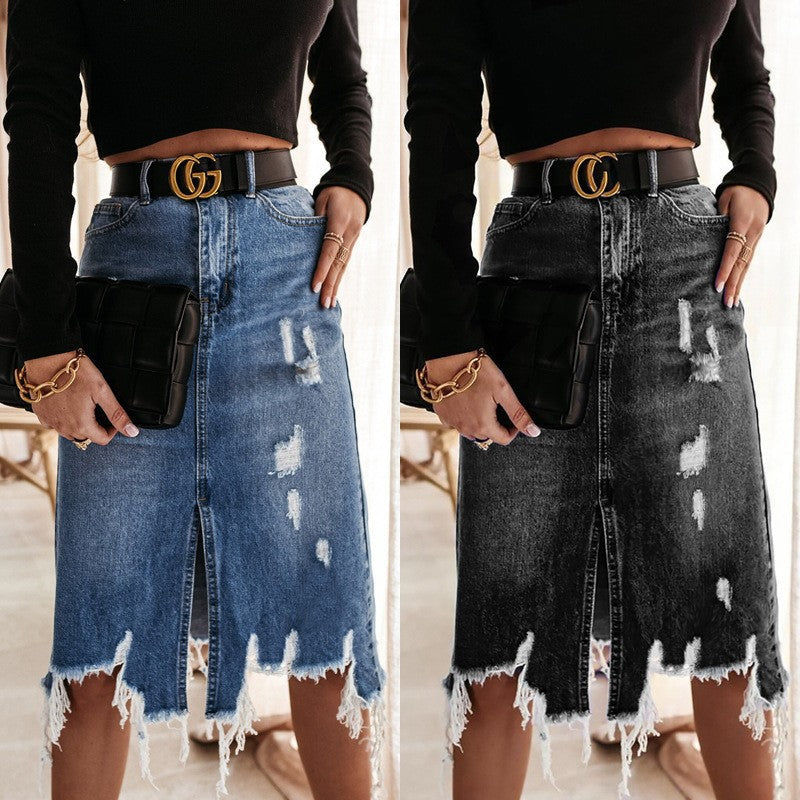 Damen Midi-Denimrock mit fransigem Saum und vertikalem Schlitz