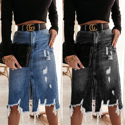 Damen Midi-Denimrock mit fransigem Saum und vertikalem Schlitz