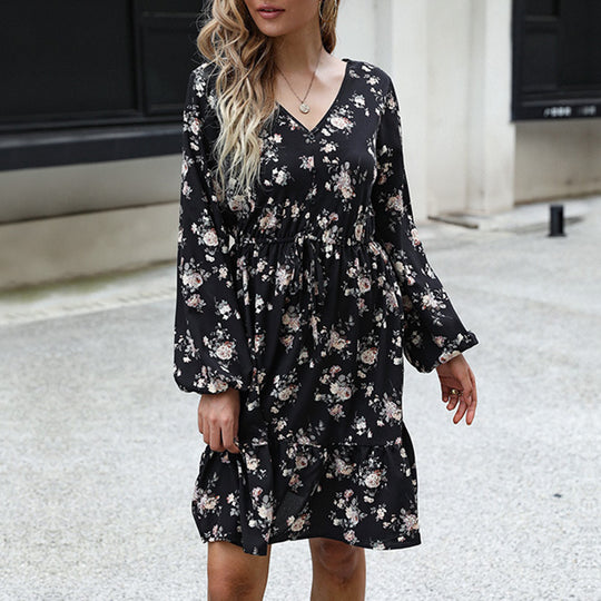 Damen Lässiges Stufen-Midikleid mit V-Ausschnitt, Tunnelzug-Taille und langen Volantärmeln Shop Nory